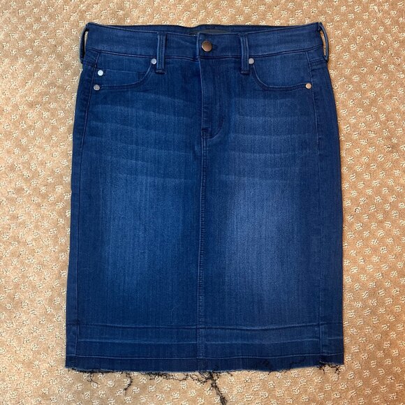 Liverpool Size 4/27 Pencil Skirt Stretch Denim Medium Dark Wash Frayed Edge - Picture 1 of 11